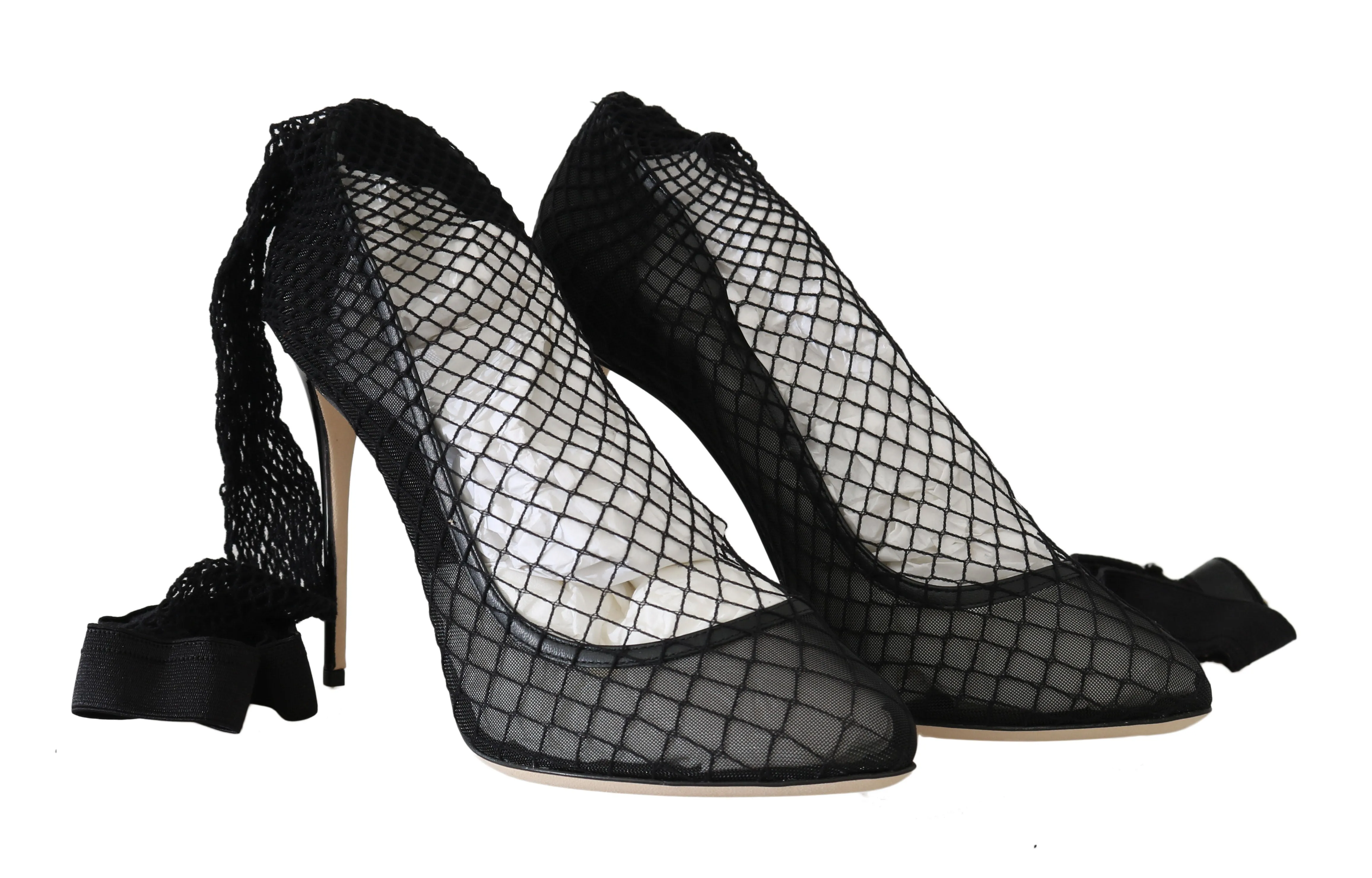 Black Netted Sock Heels Pumps