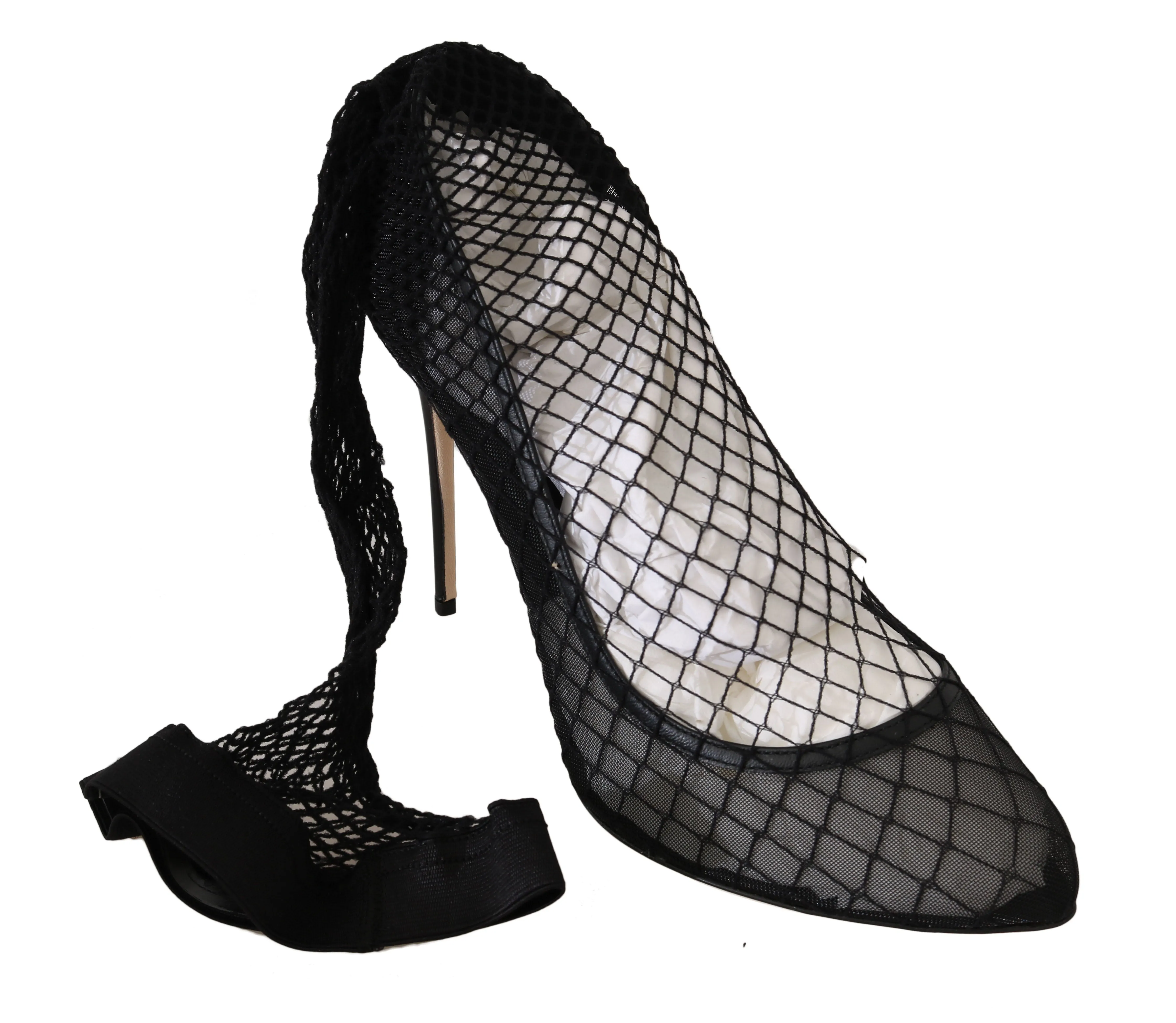Black Netted Sock Heels Pumps