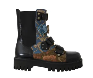 Blue Black Leather Crystal Boots