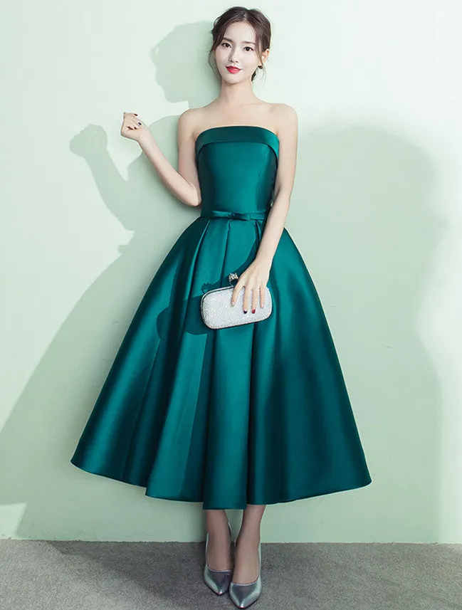 Dark Green Tea Length Bridesmaid Dress, High Quality Prom Dress