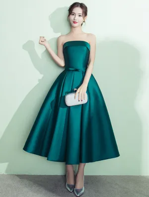 Dark Green Tea Length Bridesmaid Dress, High Quality Prom Dress