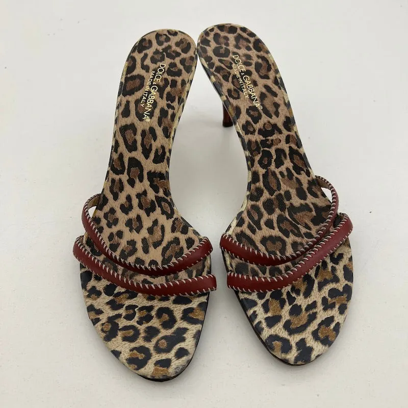 Dolce & Gabbana Double Strap Slide Sandals Brown Leather & Leopard Print Size 41