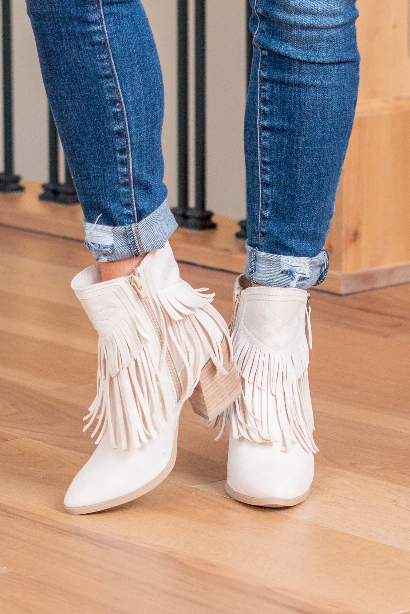 Dunes Skinny Western Fringe Zip Up Boots - Cream