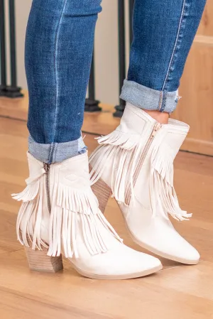 Dunes Skinny Western Fringe Zip Up Boots - Cream