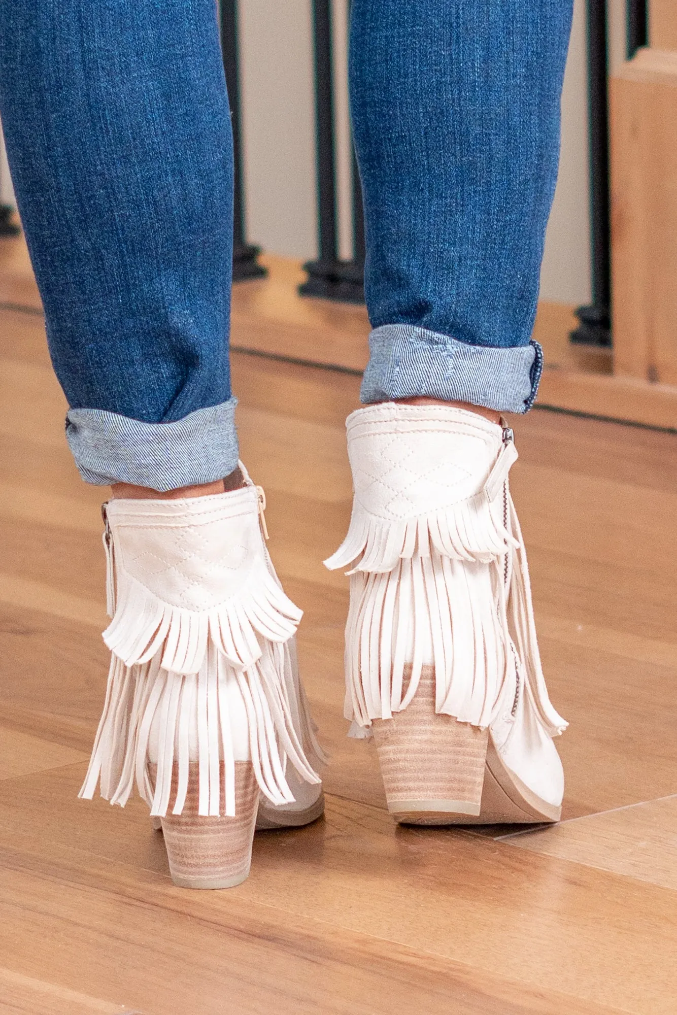 Dunes Skinny Western Fringe Zip Up Boots - Cream