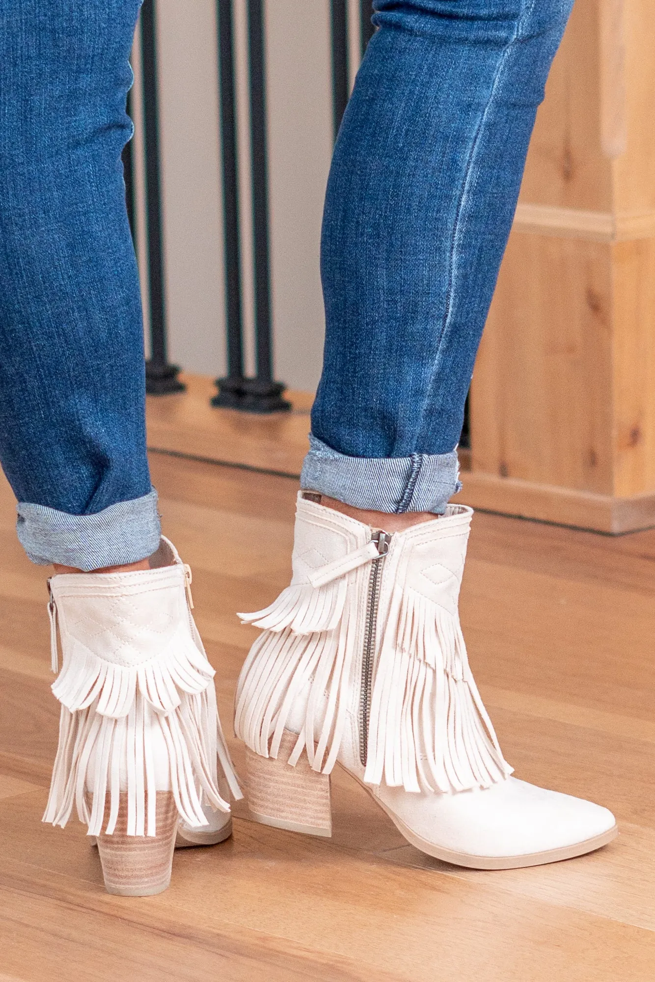 Dunes Skinny Western Fringe Zip Up Boots - Cream