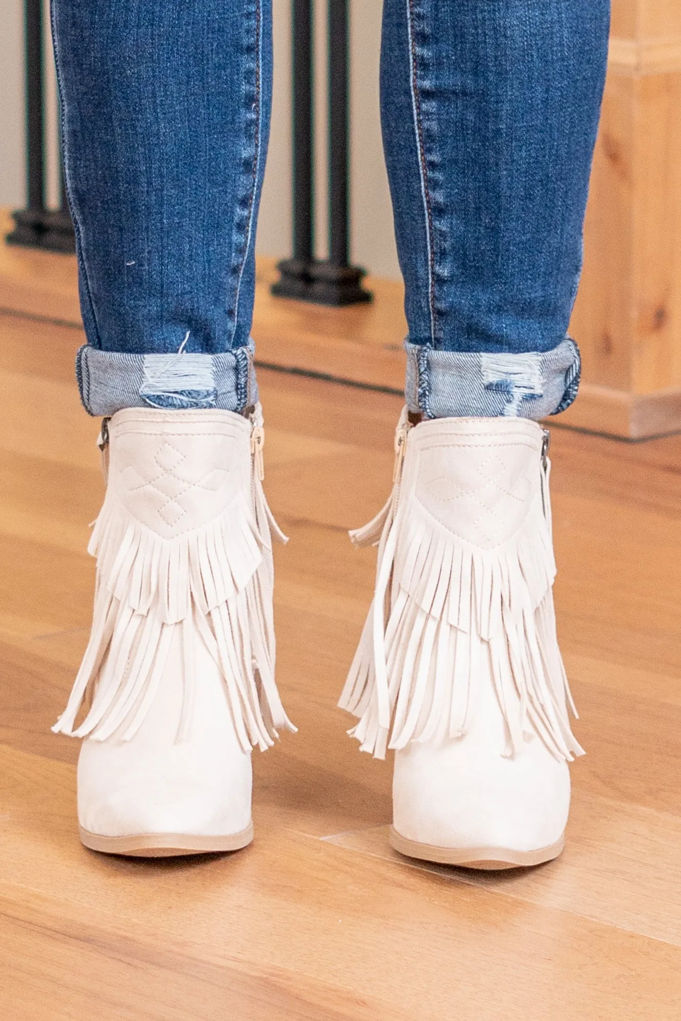 Dunes Skinny Western Fringe Zip Up Boots - Cream
