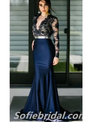 Elegant Top Lace Bottom Satin Long Sleeves V-Neck Mermaid Long Floor Length Prom Dresses,SFPD0250