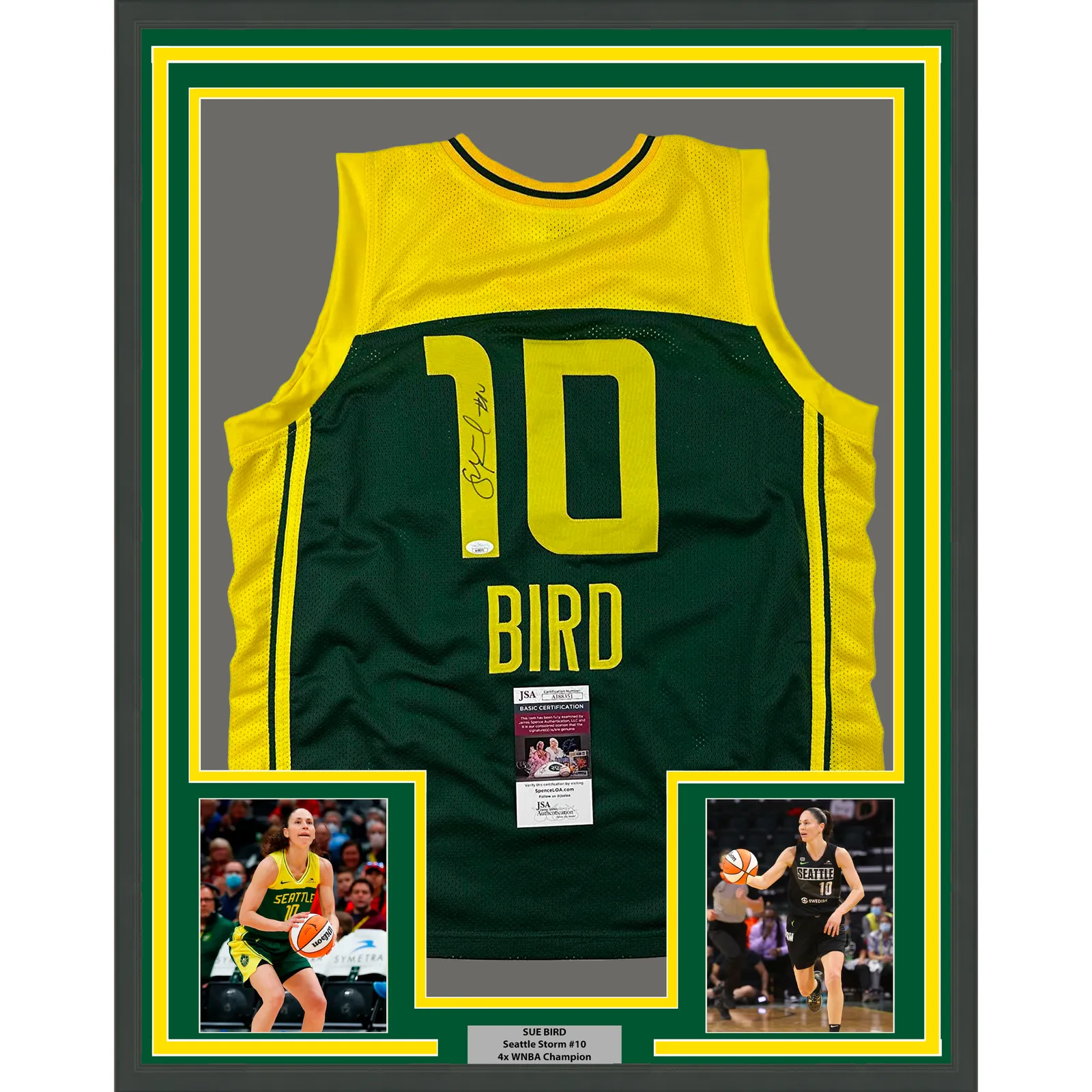 Framed Autographed/Signed Sue Bird 33x42 Seattle Green Basketball Jersey JSA COA