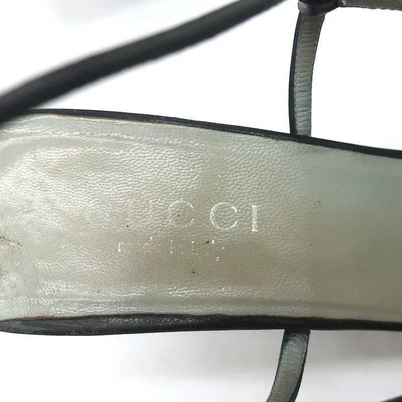 Gucci Cutout Ankle Strap Pumps Black Leather Size 8.5 Pointed Toe Heels
