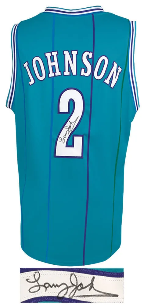 Larry Johnson (HORNETS) Signed Purple Teal Basketball Jersey - (SCHWARTZ COA)