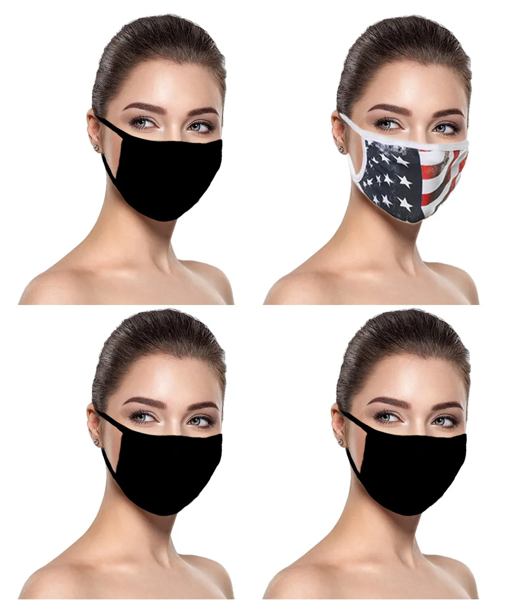 MADE IN USA (3 Black), 1 US Flag (Made in Guatemala), Washable Reusable Anti-dust Cloth Face Mask Protection Double Layer Covering (IN STOCK 2-5 DAYS DELIVERY) - 4 Pack