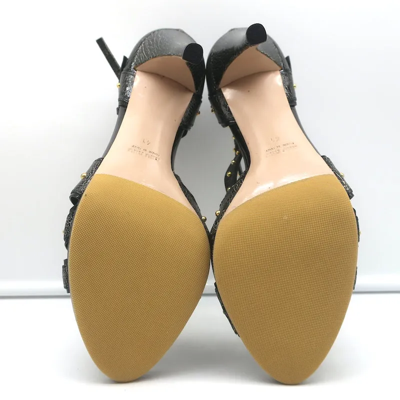 Miu Miu Studded Crisscross Sandals Black Crackled Leather Size 41 Open Toe Heels