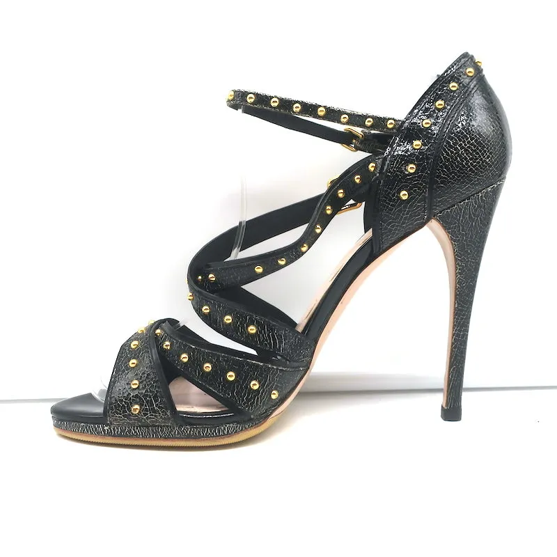 Miu Miu Studded Crisscross Sandals Black Crackled Leather Size 41 Open Toe Heels