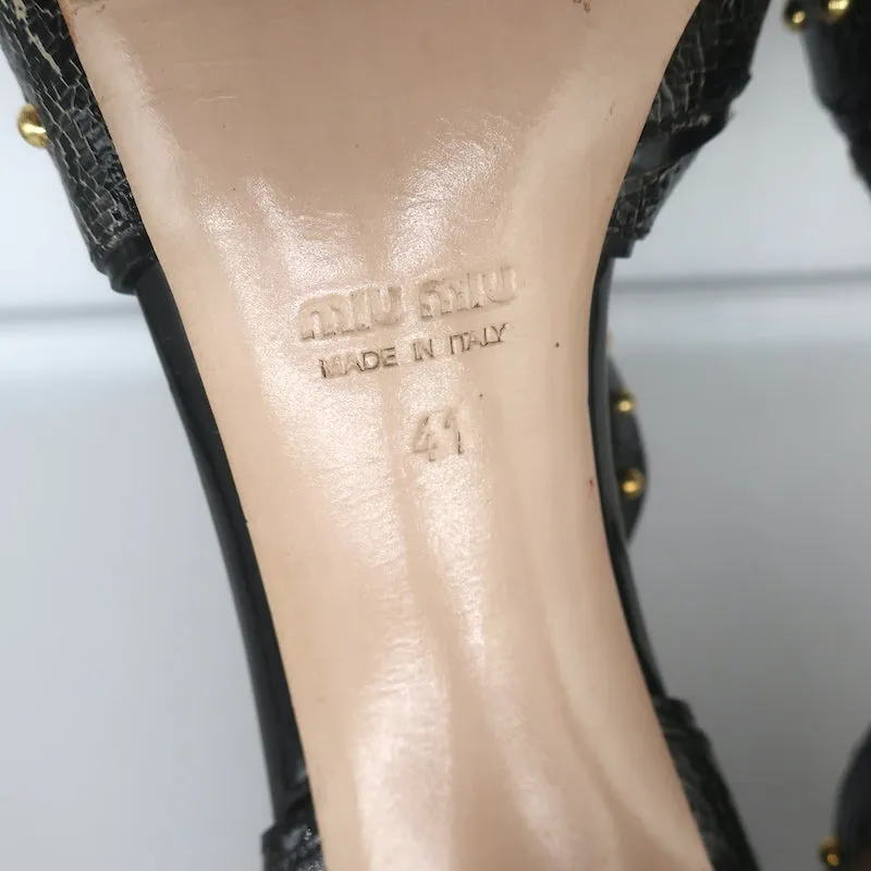 Miu Miu Studded Crisscross Sandals Black Crackled Leather Size 41 Open Toe Heels