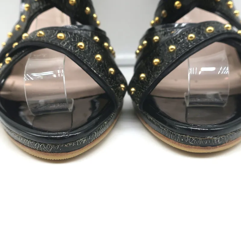 Miu Miu Studded Crisscross Sandals Black Crackled Leather Size 41 Open Toe Heels