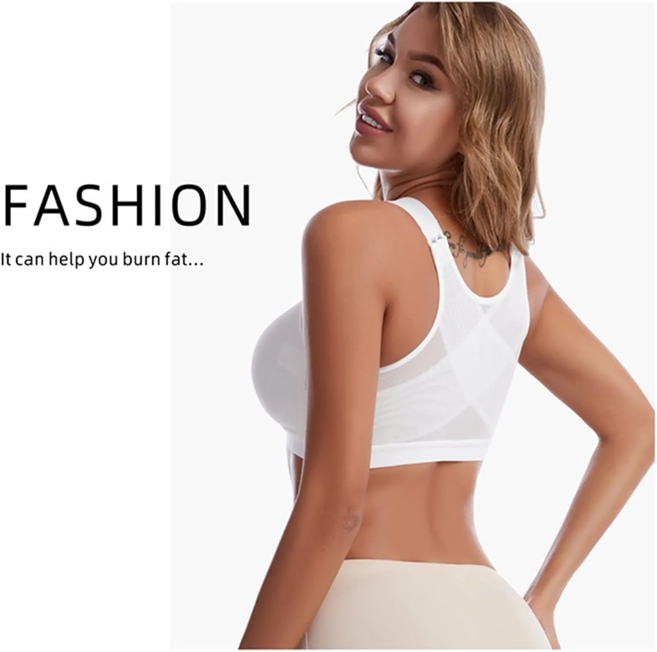 NEW Front Closure Posture Corrector Lift Up Bra Women Push Up Cross Back Underwear Shockproof Sports Support Fitness Vest Bras, White, Sz L