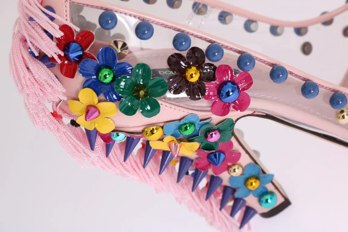 Pink Studded Floral Leather Pumps