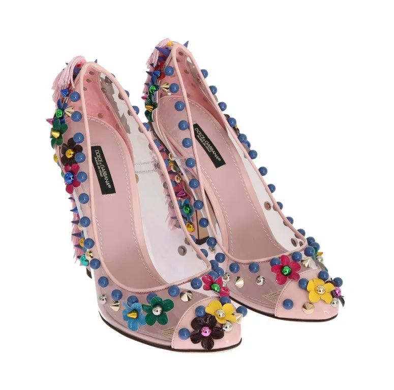 Pink Studded Floral Leather Pumps