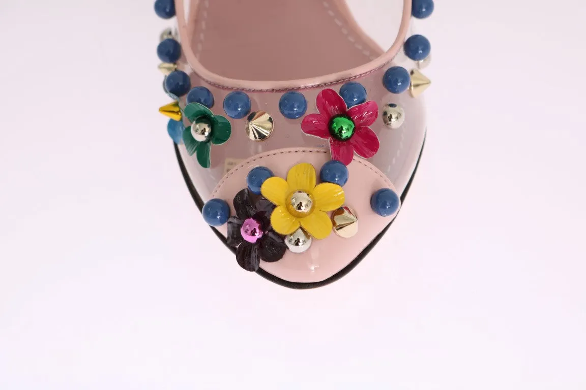 Pink Studded Floral Leather Pumps