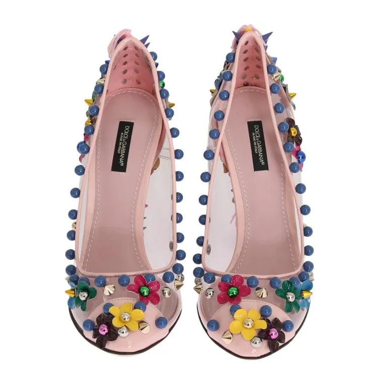 Pink Studded Floral Leather Pumps