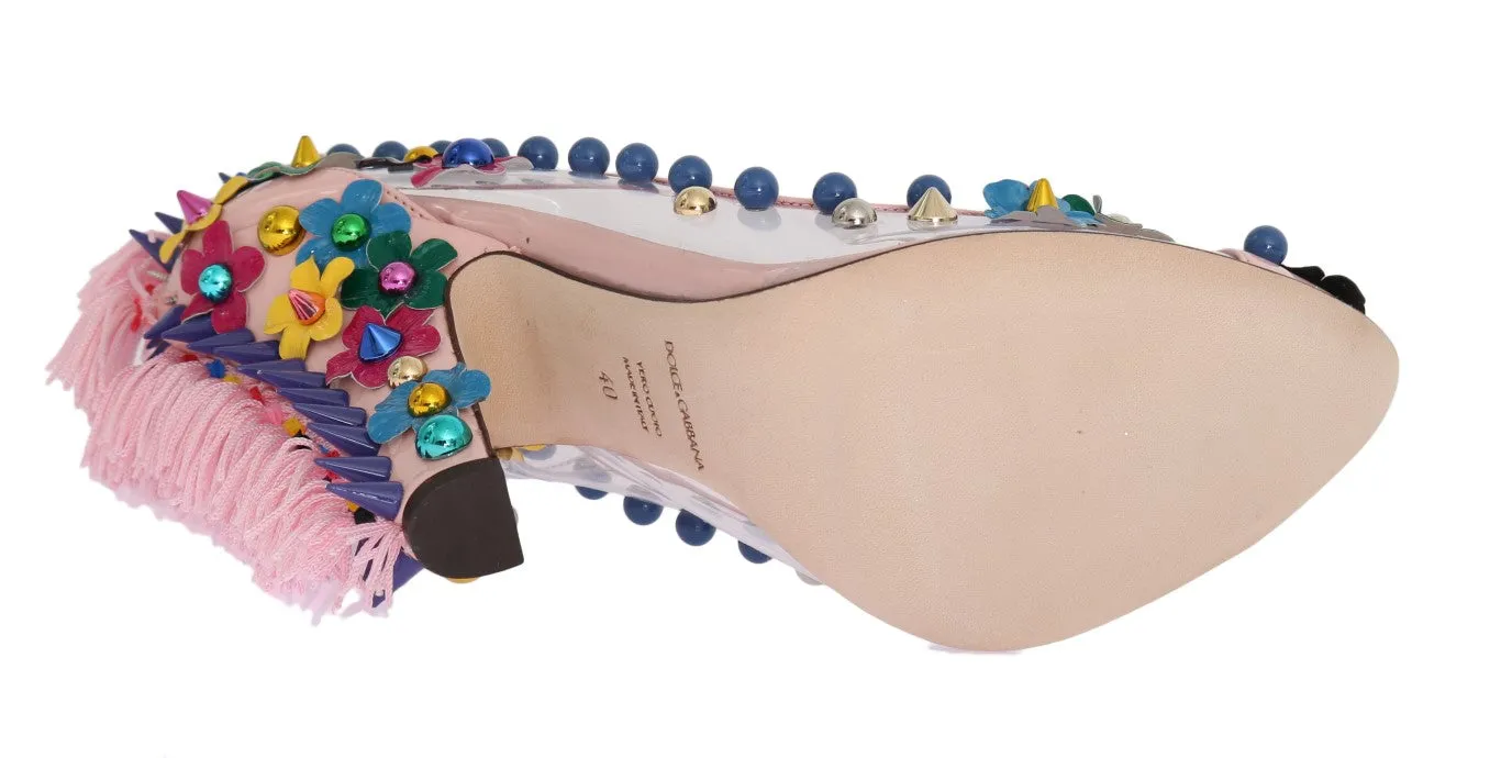 Pink Studded Floral Leather Pumps