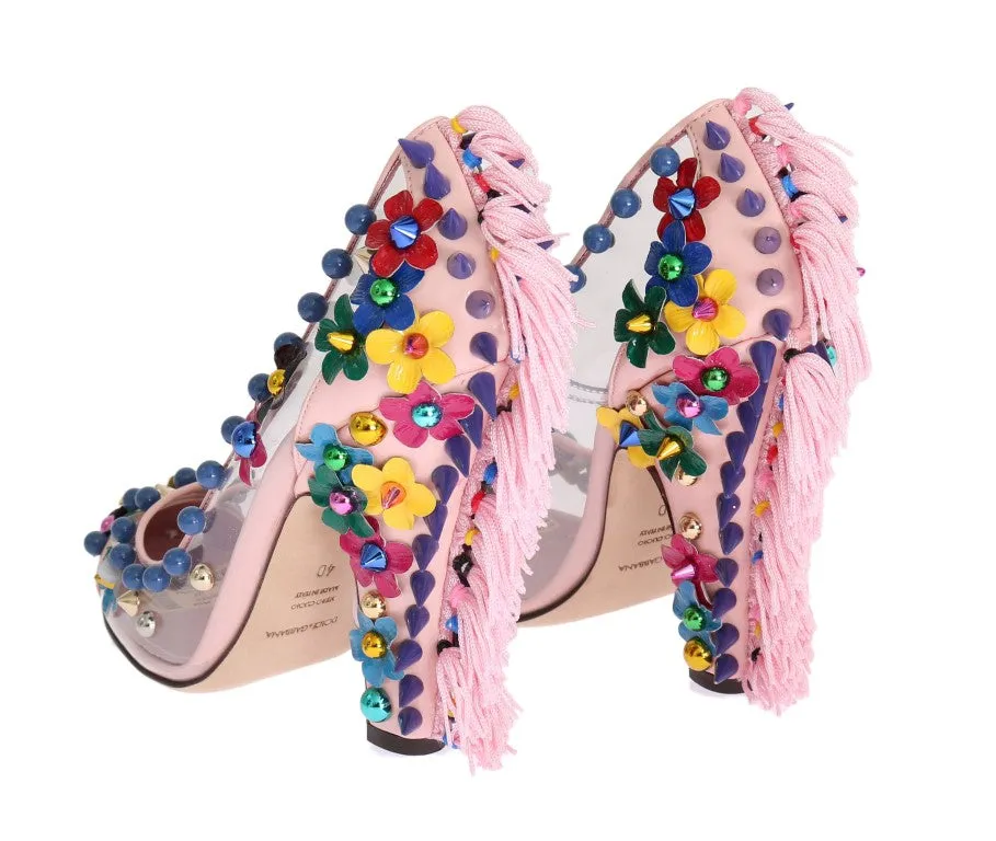 Pink Studded Floral Leather Pumps