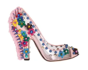 Pink Studded Floral Leather Pumps