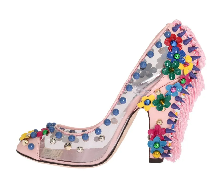 Pink Studded Floral Leather Pumps