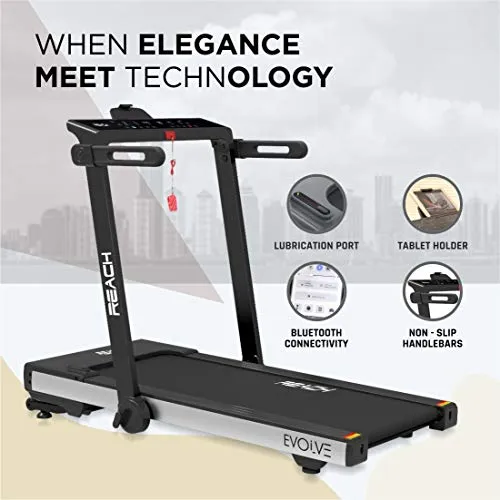 Reach Evolve 6 HP Peak | For Running Walking & Jogging with Auto Incline | 90 Degree Foldable Treadmill for Home Gym | Fitness Machine with LCD Display & Bluetooth | 15 Preset Workouts for Cardio | 16 km/hr Max User Weight 110 kgs
