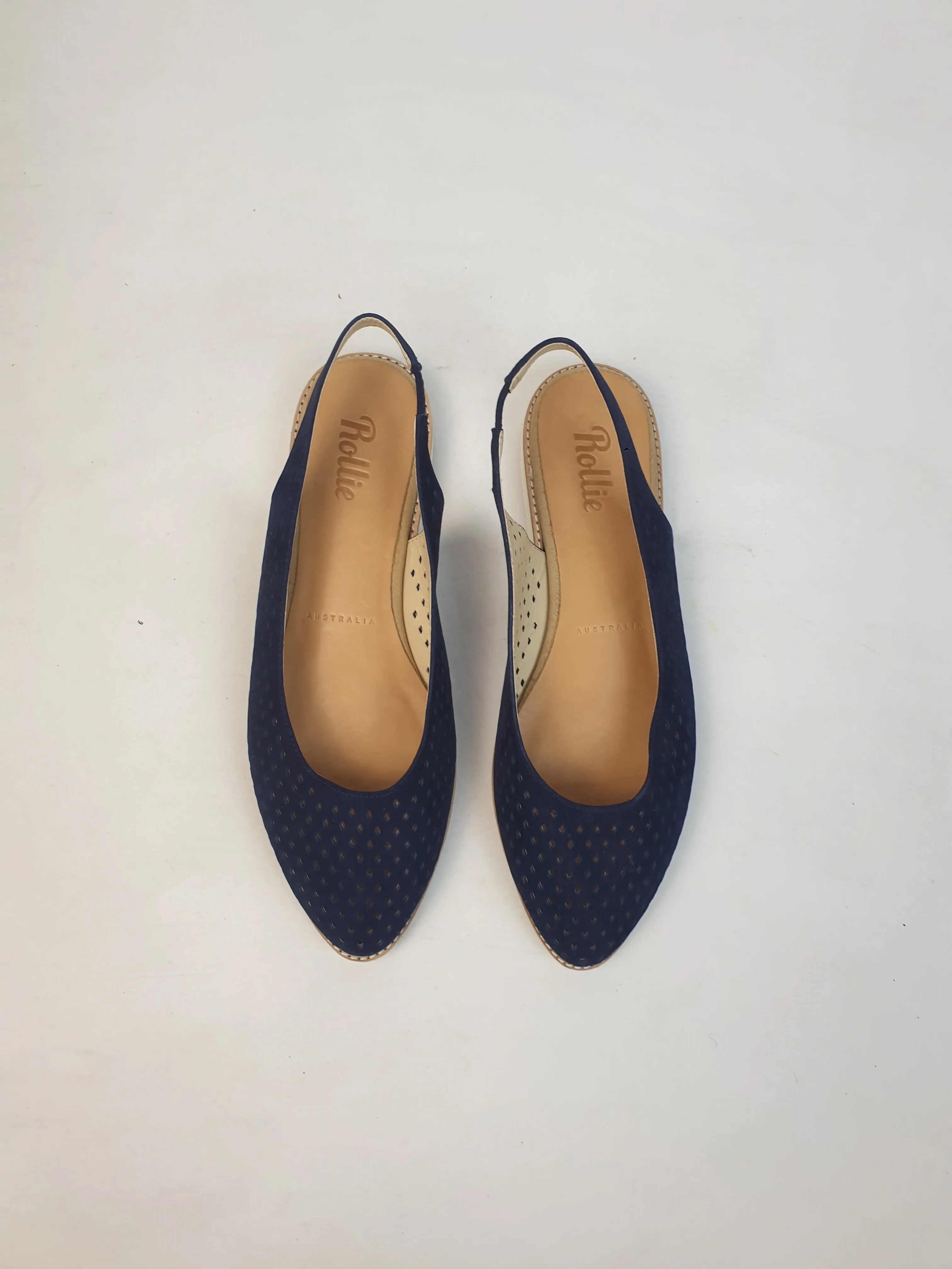 Rollie navy suede perforated sling back shoes size 38