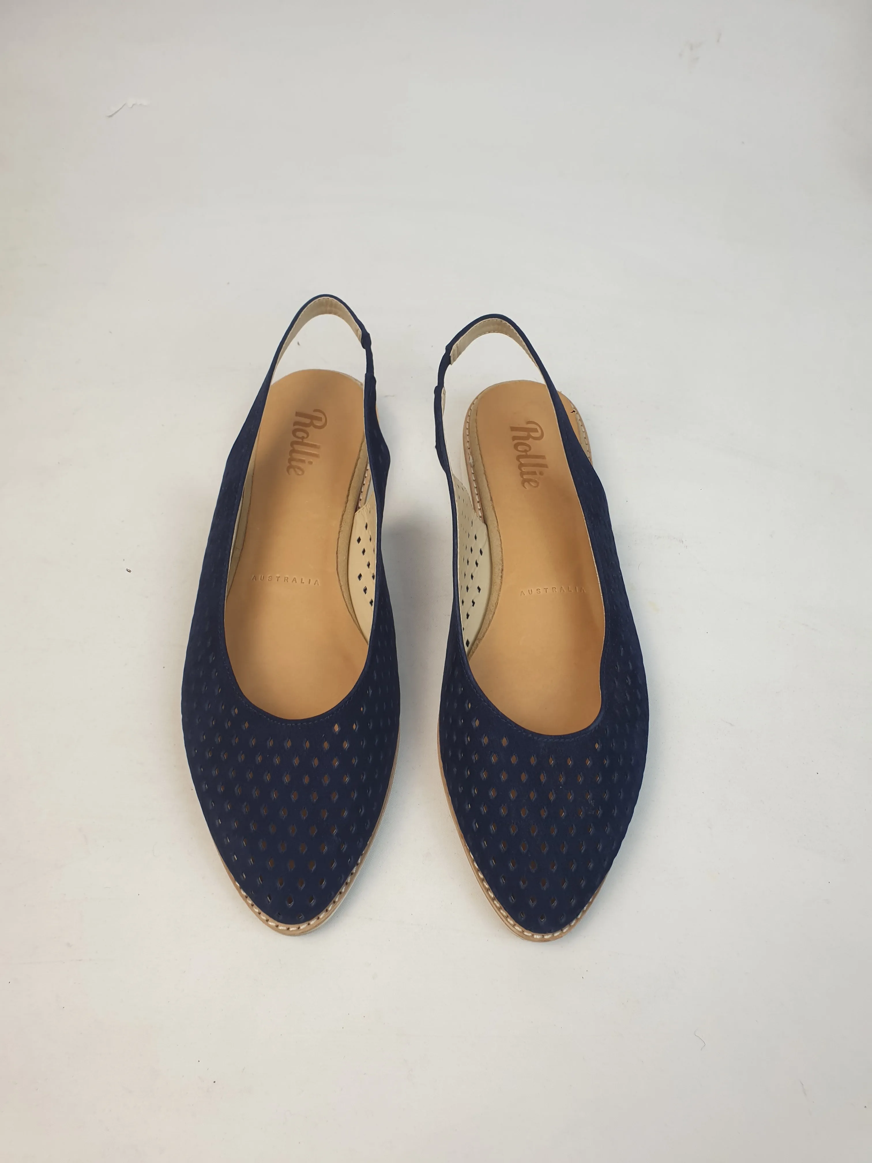 Rollie navy suede perforated sling back shoes size 38