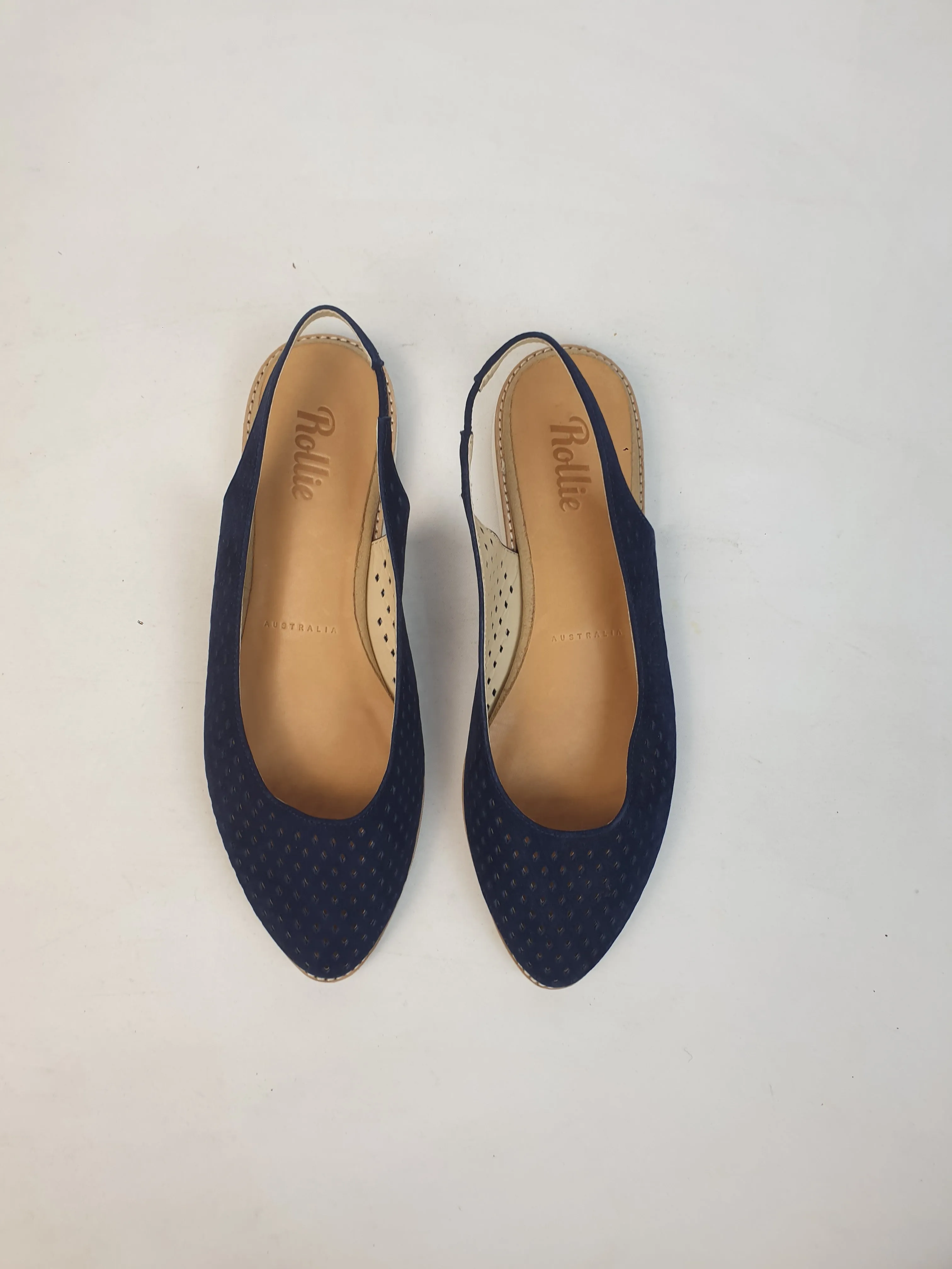 Rollie navy suede perforated sling back shoes size 38