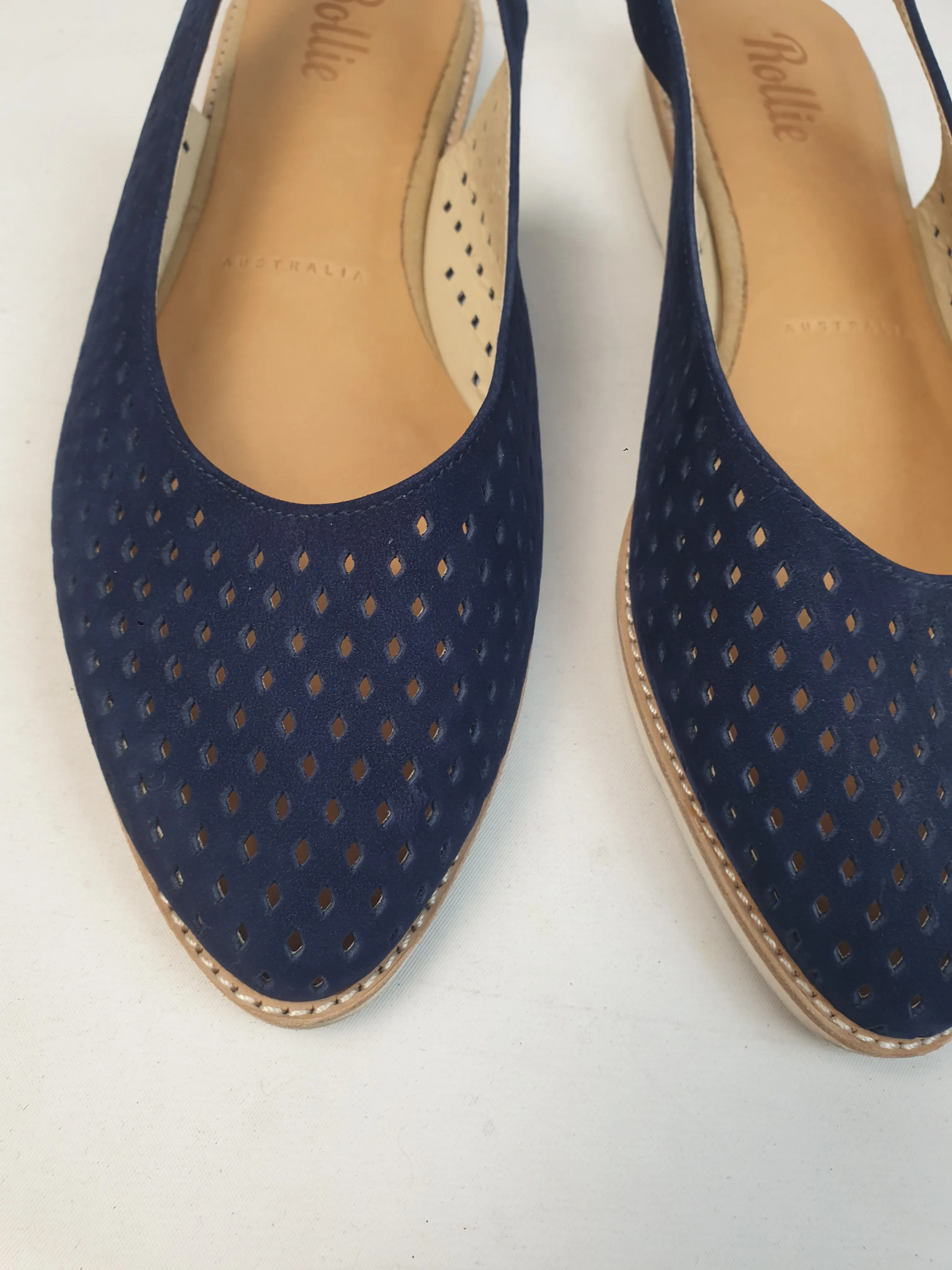 Rollie navy suede perforated sling back shoes size 38