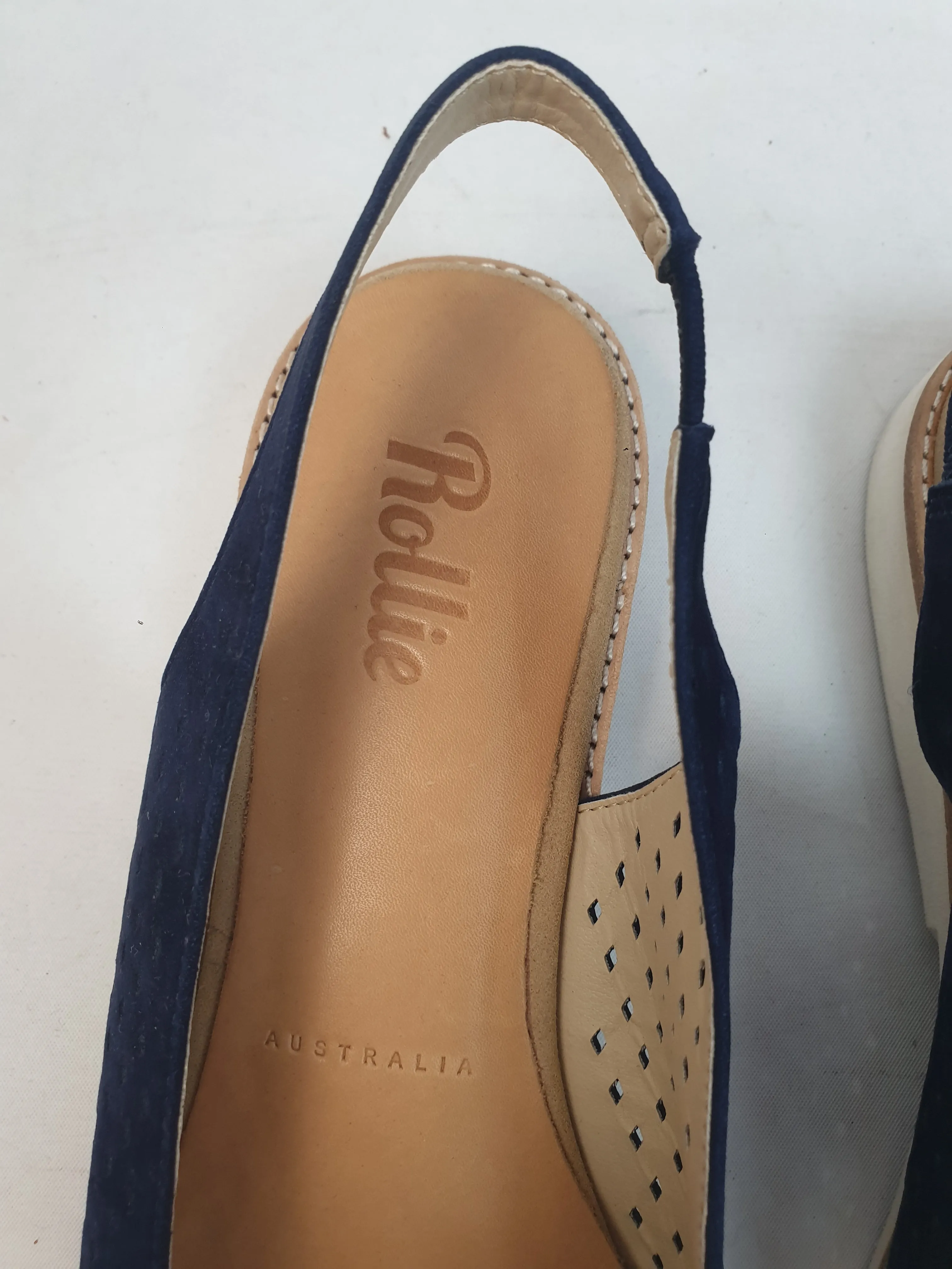 Rollie navy suede perforated sling back shoes size 38