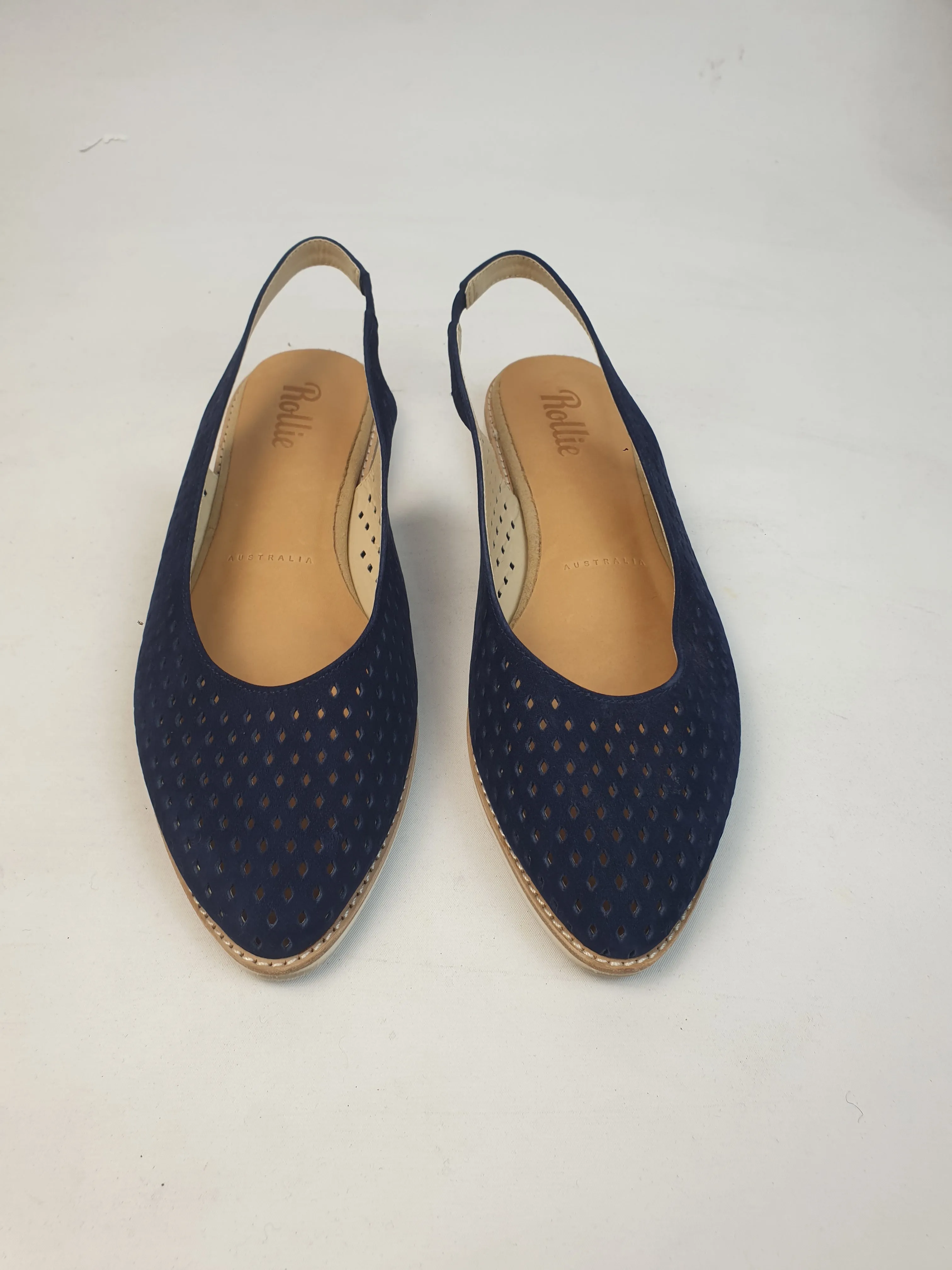 Rollie navy suede perforated sling back shoes size 38