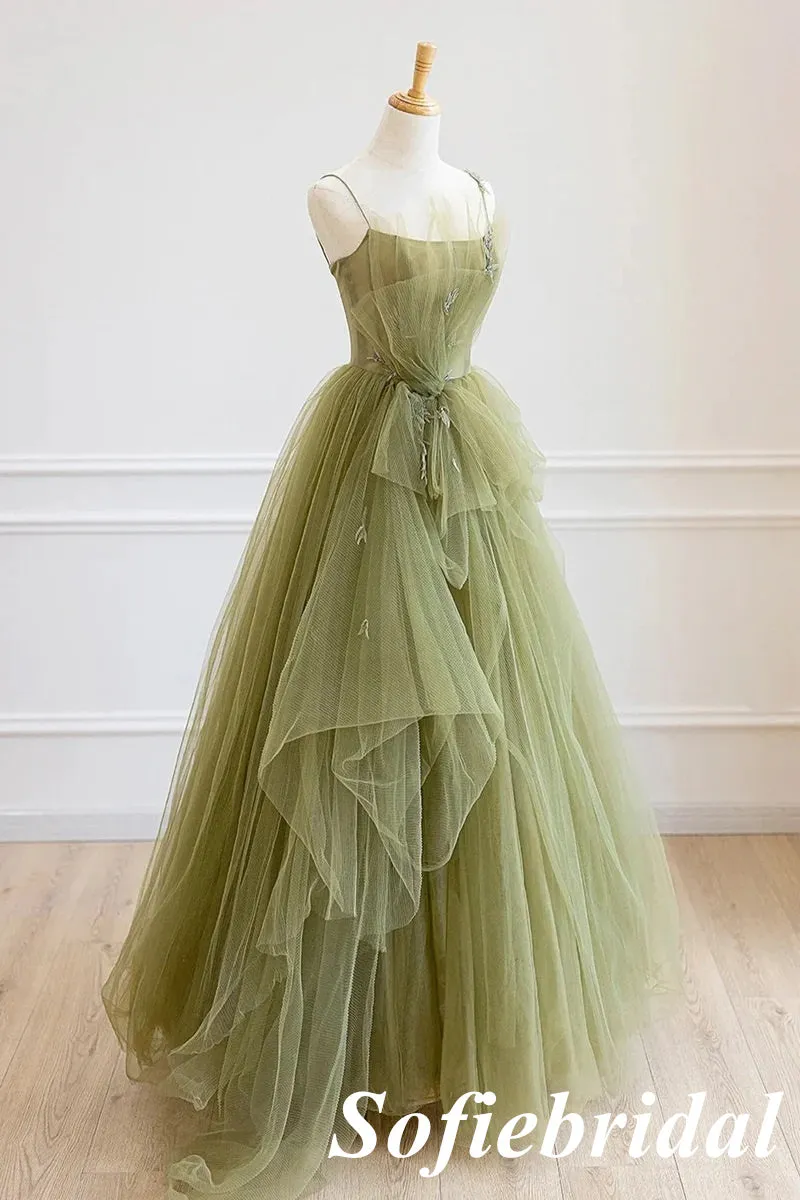 Sexy Dusty-Sage Spaghetti Straps Sleeveless A-Line Prom Dress With Applique, PD01031