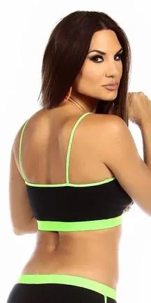 Sexy Neon Trim Fit Principle Athletic Crop Sports Bra Top - Black/Neon Green