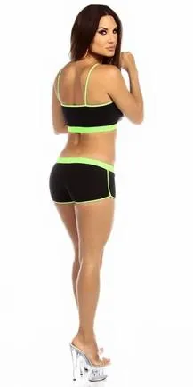 Sexy Neon Trim Fit Principle Athletic Crop Sports Bra Top - Black/Neon Green