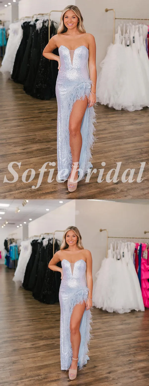 Sexy Sequin Sweetheart Sleeveless Side Slit Mermaid Long Prom Dresses With Feather,SFPD0686