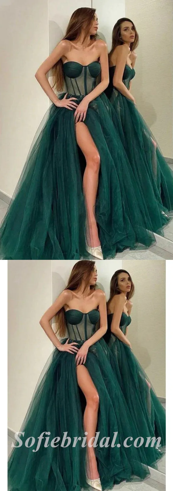 Sexy Tulle Sweetheart Sleeveless Side Slit A-Line Long Prom Dresses,SFPD0485
