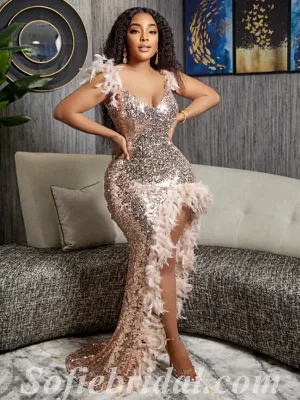 Shiny Sequin Spaghetti Straps V-Neck Sleeveless Side Slit Mermaid Long Prom Dresses With Feather,SFPD0575