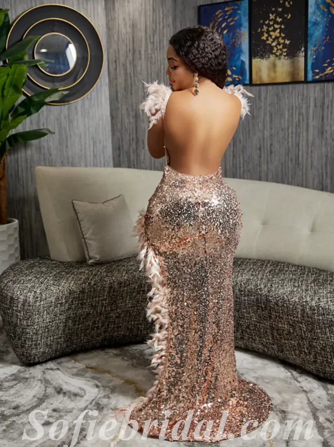 Shiny Sequin Spaghetti Straps V-Neck Sleeveless Side Slit Mermaid Long Prom Dresses With Feather,SFPD0575