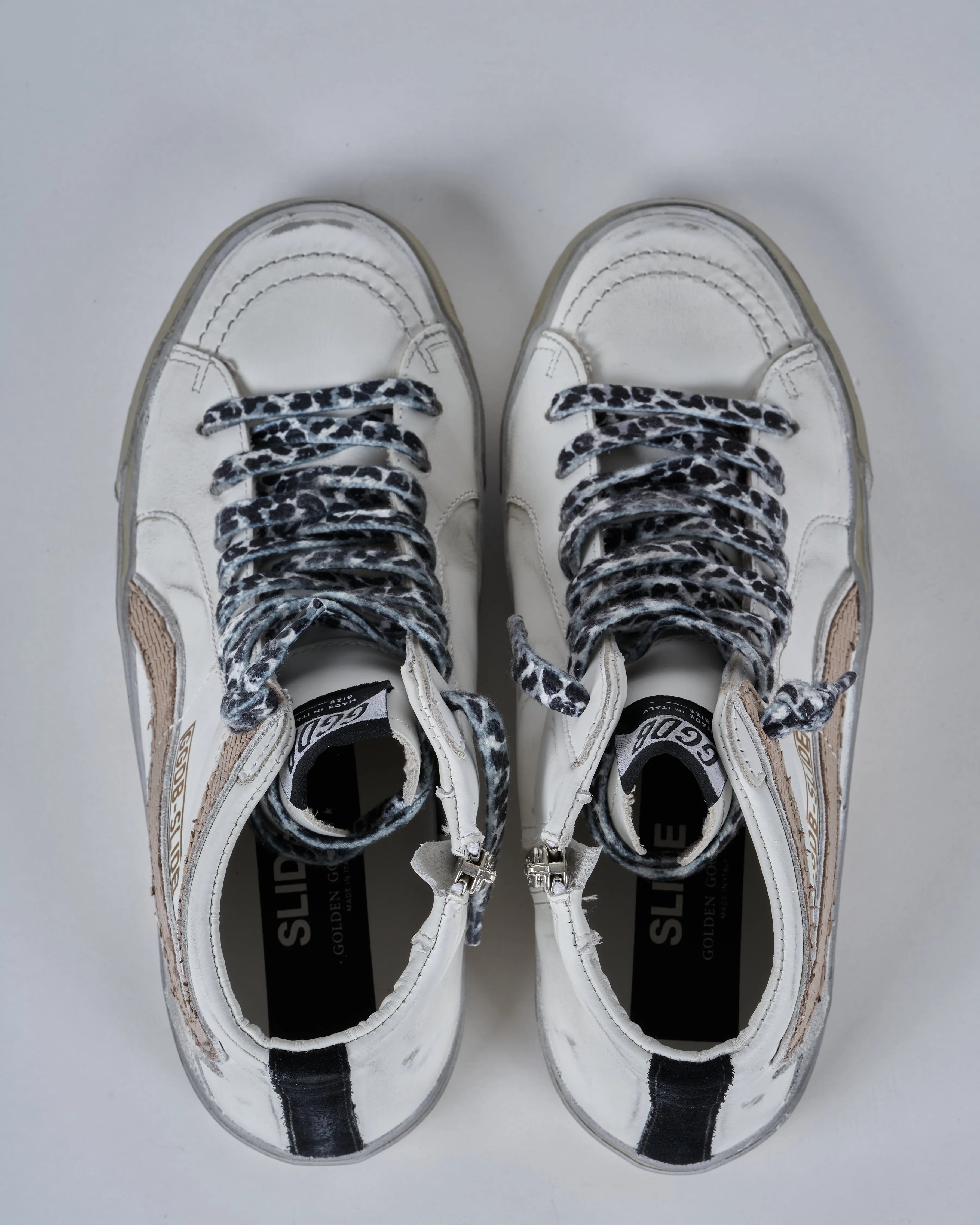 slide leather upper suede star and list tejus print leather wave sparkle foxing - white/black/taupe 10874