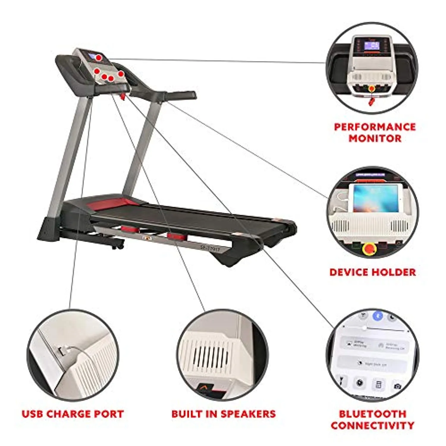 Sunny Health & Fitness Folding Treadmill for Home Exercise with 265 LB Capacity, Device Holder, Bluetooth Speakers and USB Charging - SF-T7917