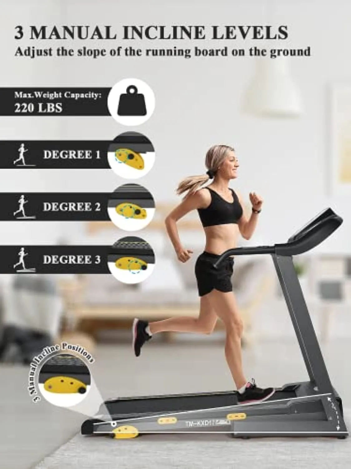 Treadmill for Home Use 17'' Wide Folding Treadmill Electric Treadmill Workout Running Machine with 3-Level Manual Incline Adjustment & 15 Pre-Set Training Programs Large LCD Display