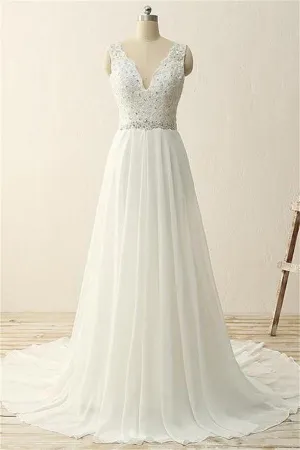 V-neck Ivory Chiffon Beading Long Simple High Quality Cheap Beach Wedding Dress W23