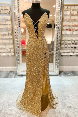 V Neck Mermaid Golden Sequins Long Prom Dress with High Slit APP0755