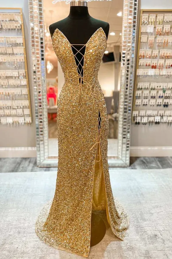 V Neck Mermaid Golden Sequins Long Prom Dress with High Slit APP0755